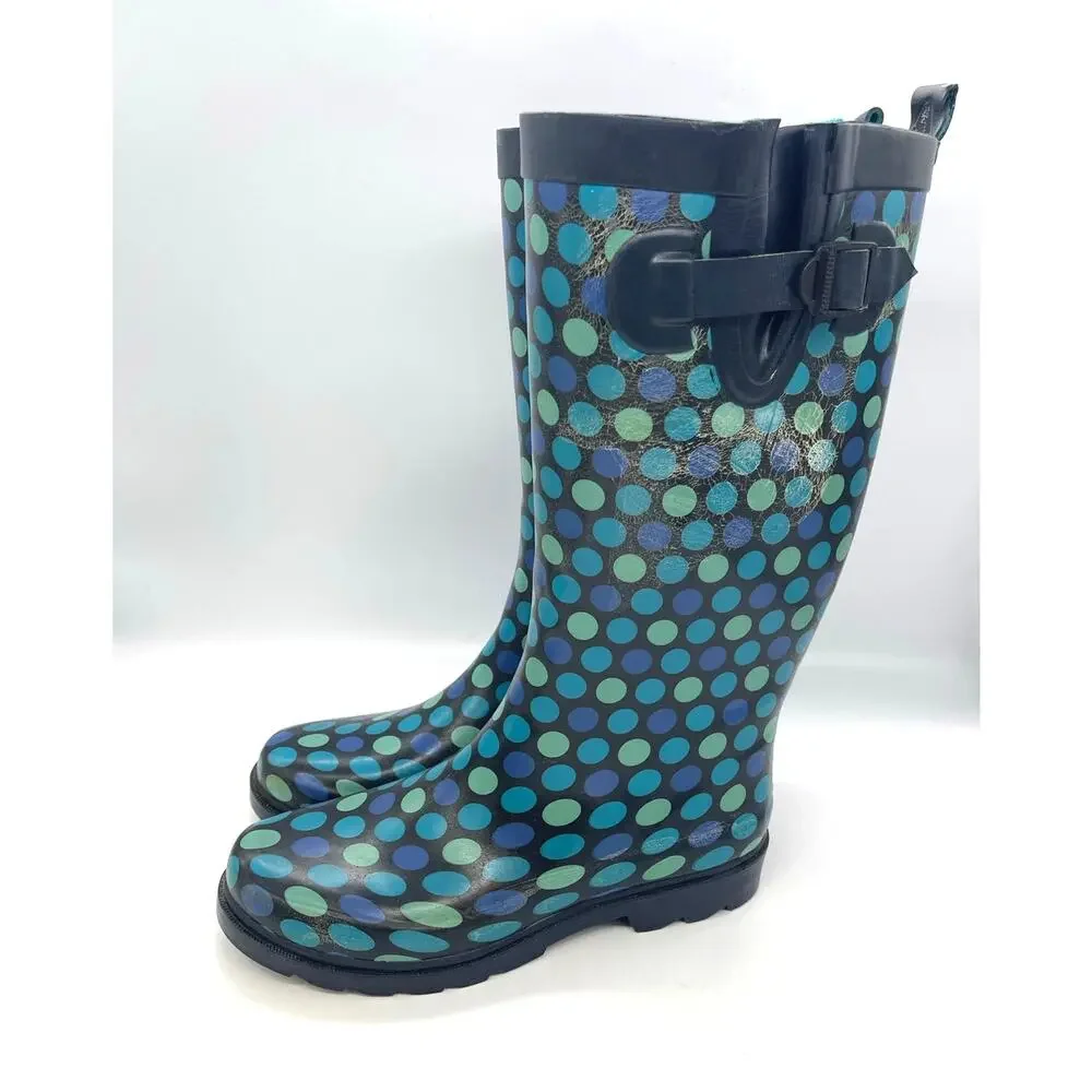 Capelli Women's New York Blue / Green Polka Dot Rubber Rain Boots Size 8